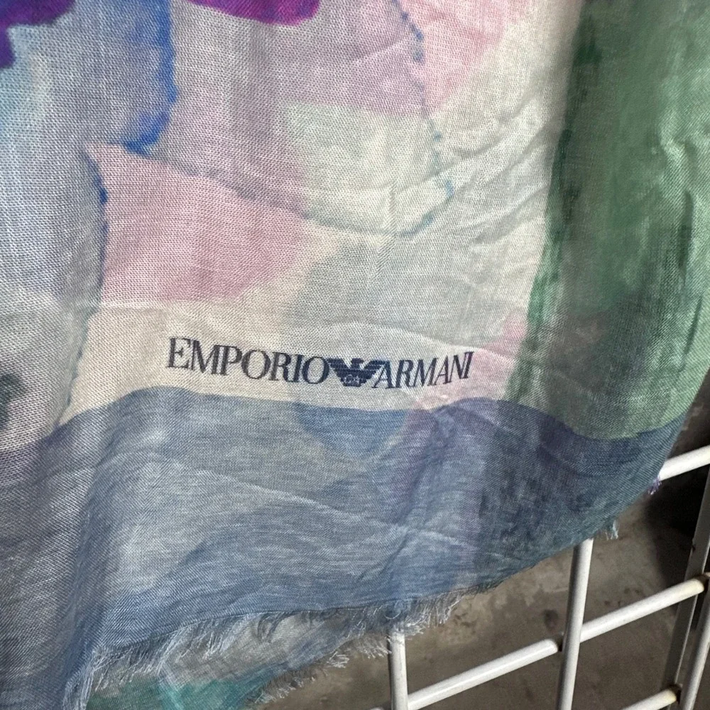 Emporio Armani vintage Floral Watercolor Scarf‎ Purple Blue White Logo Print